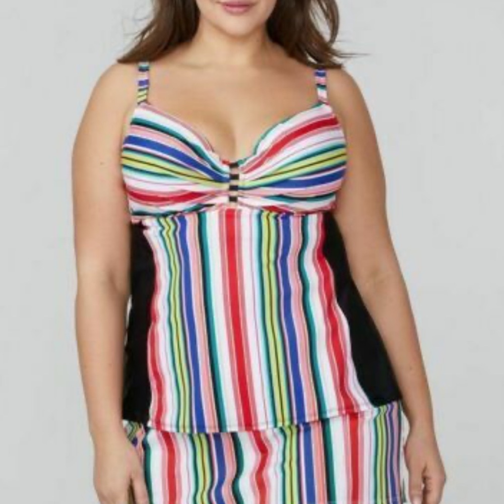Lane Bryant Cacique Rainbow Stripe Tankini Top 46DD Full Coverage Underwire NWT